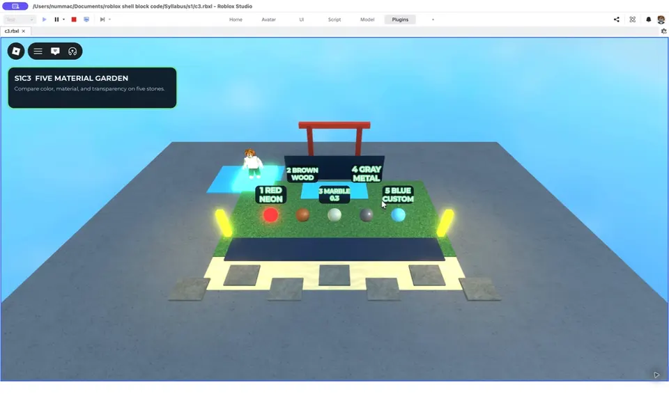 เรียนสร้างเกม Roblox Game Maker สำหรับเด็กอายุ 9 ปีขึ้นไป | Raise Genius ตัวอย่างบทเรียน Roblox Studio สวนวัสดุ เปรียบเทียบสี วัสดุ และความโปร่งใสของวัตถุ